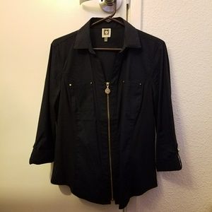 Anne Klein Navy Blue Blouse 1/4 Sleeve 1/4 Zip LP